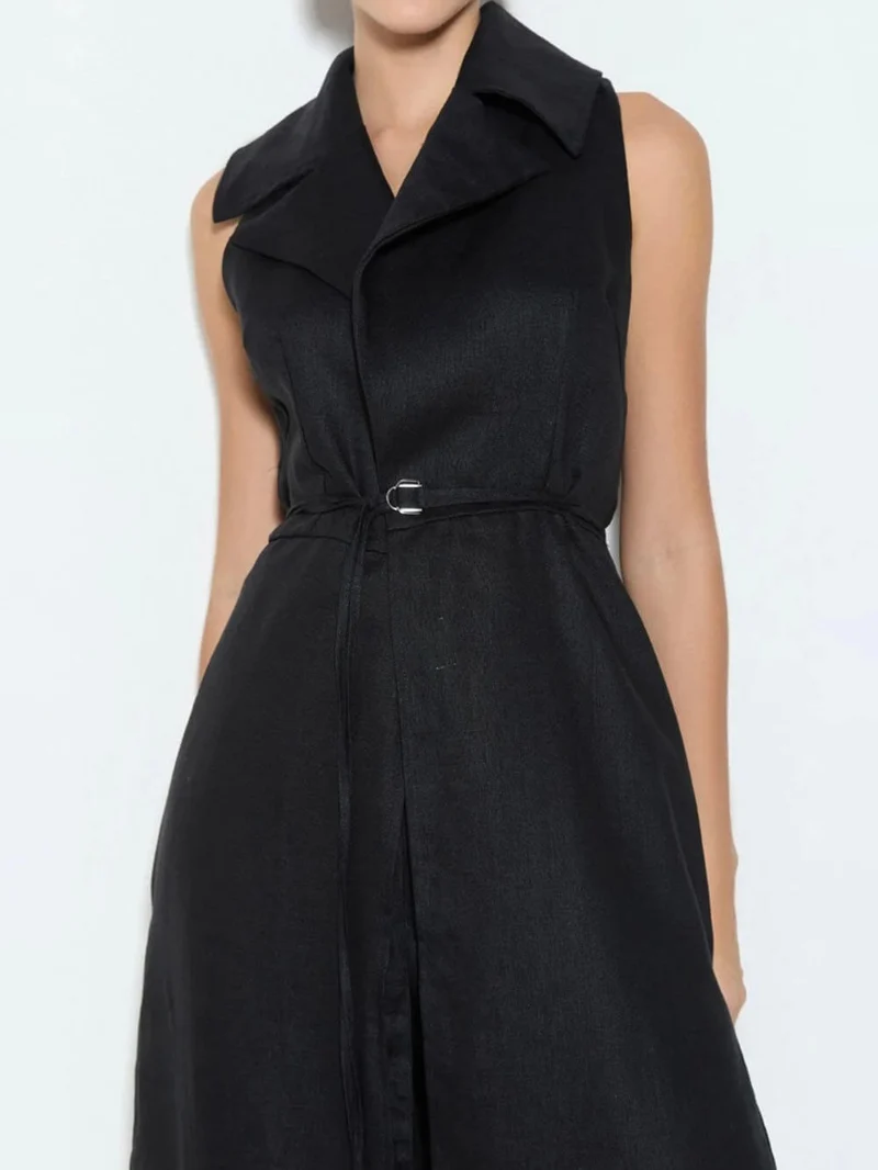Exquisite Savina Linen Blend Lapel Midi Vest Tops