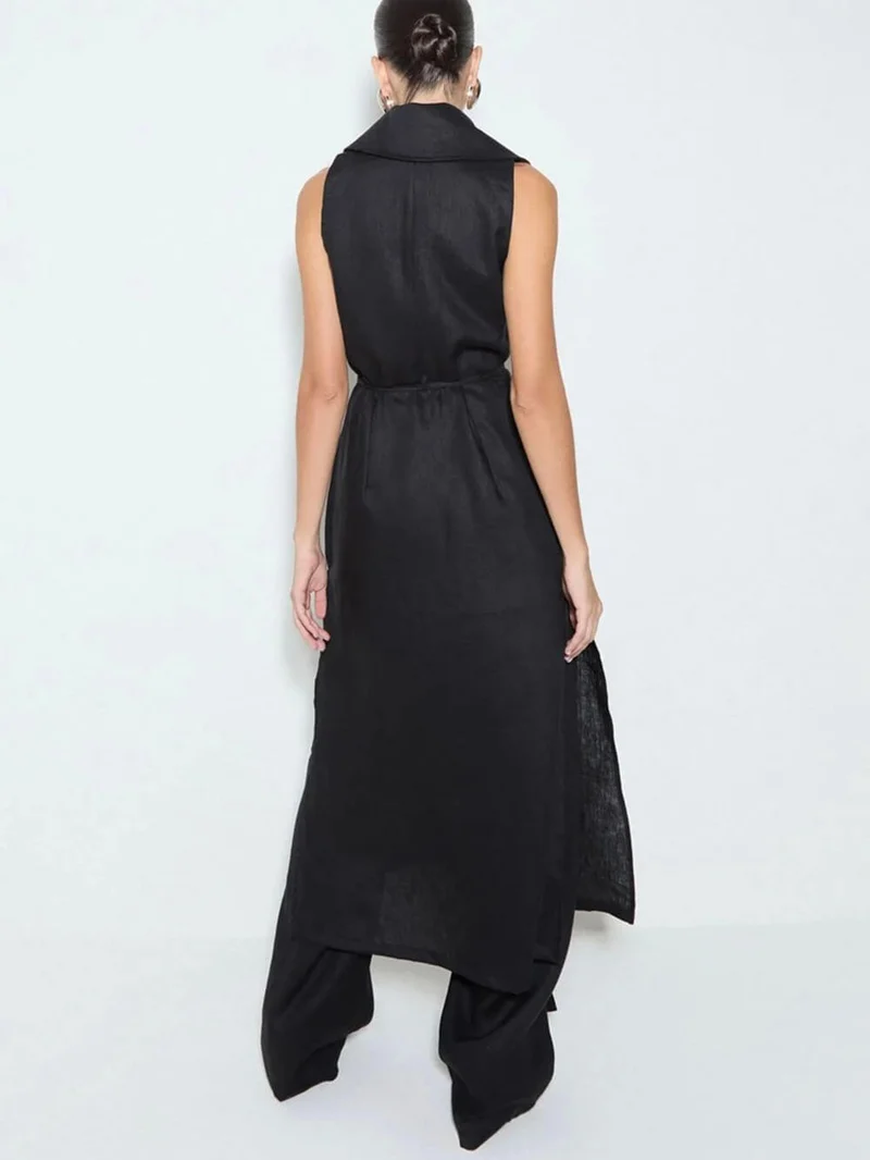 Exquisite Savina Linen Blend Lapel Midi Vest Tops