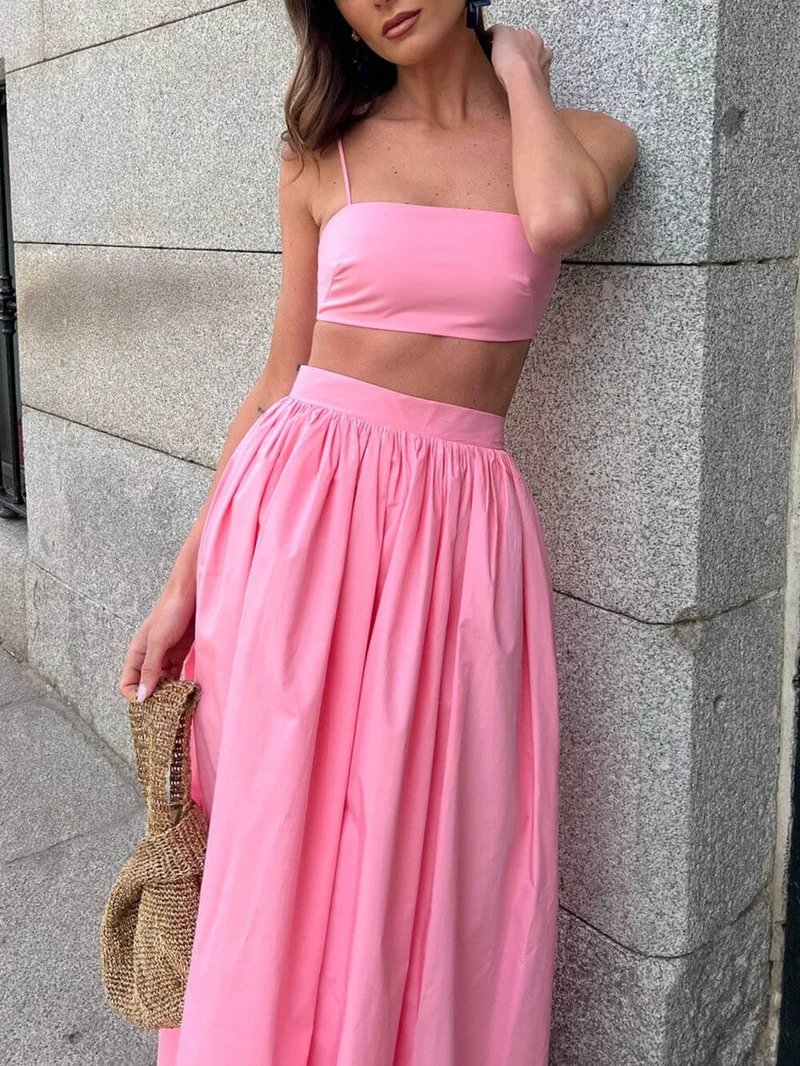 Exquisite Sexy Chambray Cropped Top Loose Maxi Skirt Set