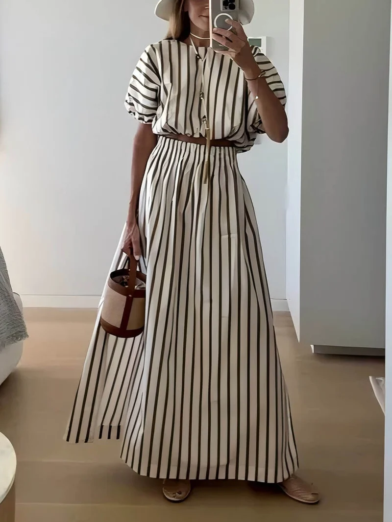 Exquisite Unique Striped Print Drawstring Loose Tops