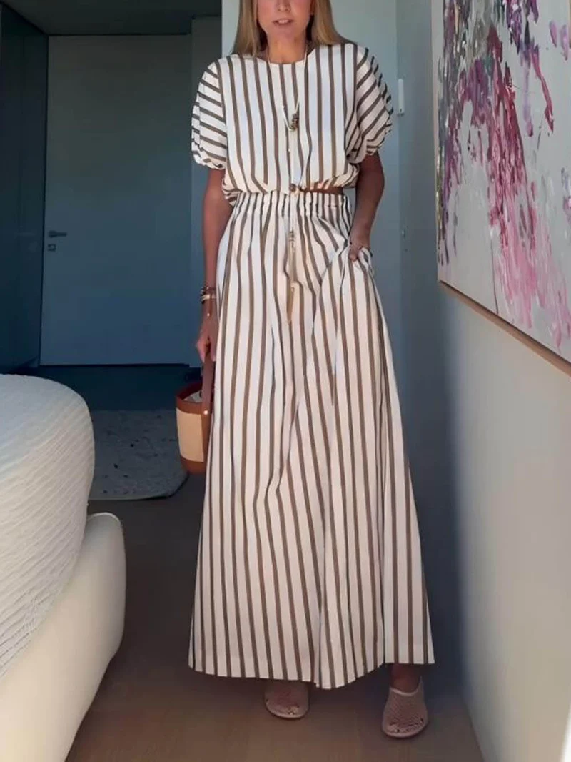Exquisite Unique Striped Print Drawstring Loose Tops