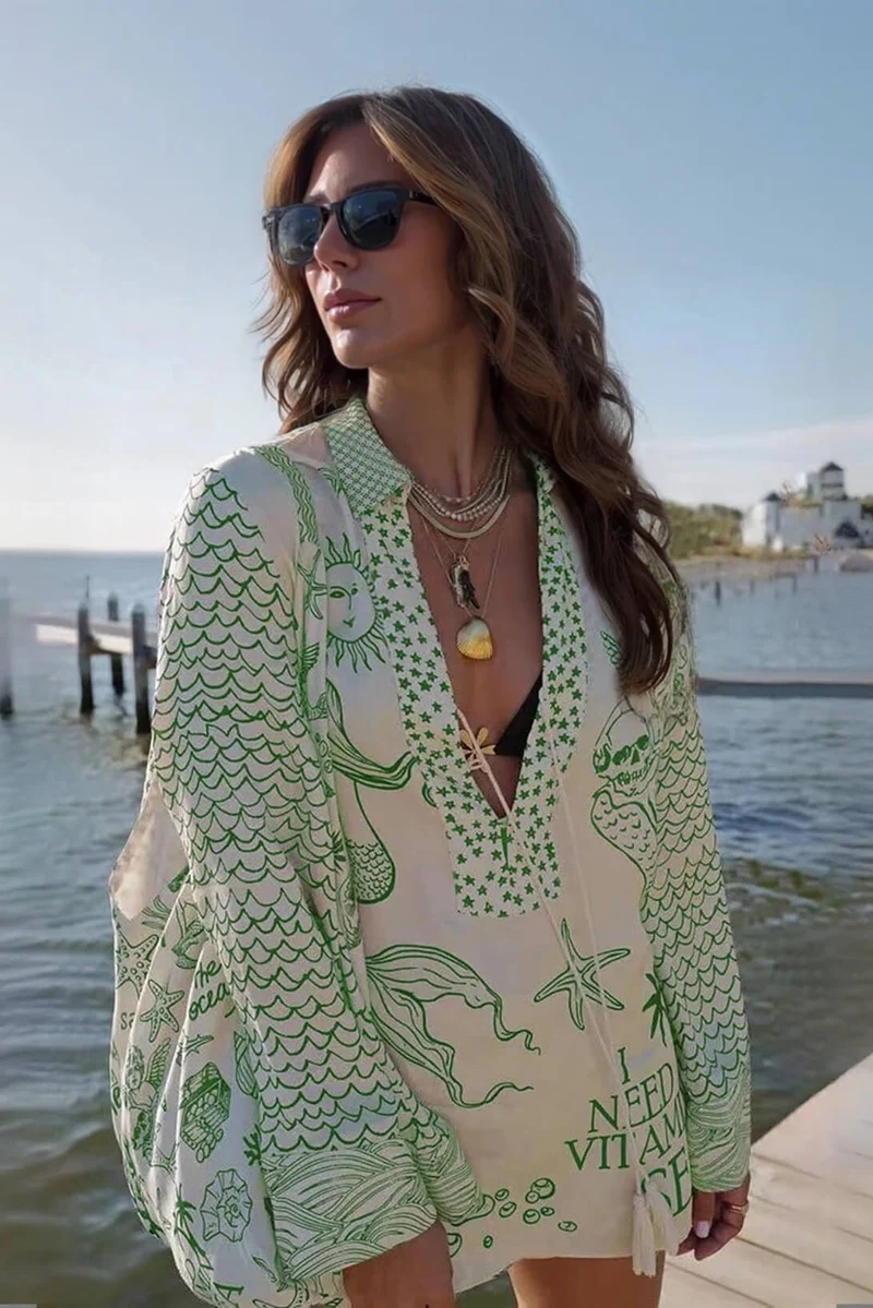 Unique Live By Water Satin Print Tassle Shirt and Elastic Waist Shorts Set