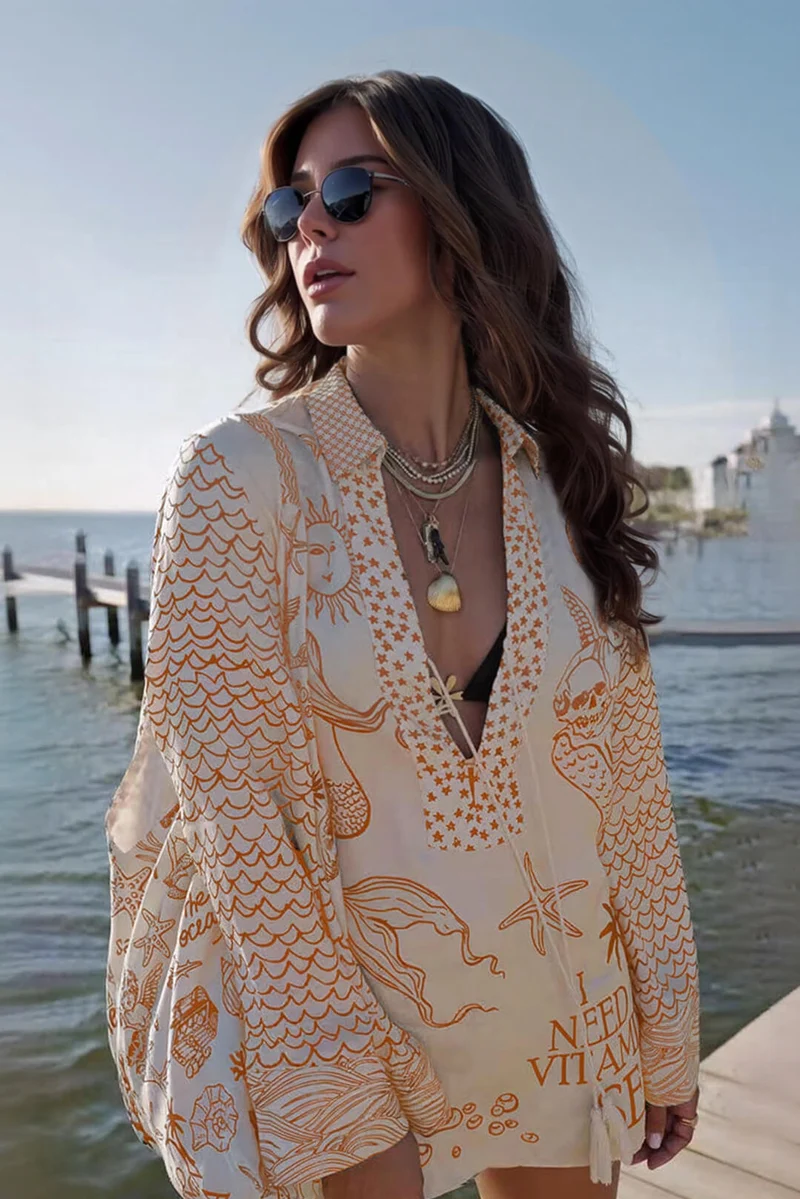 Unique Live By Water Satin Print Tassle Shirt and Elastic Waist Shorts Set