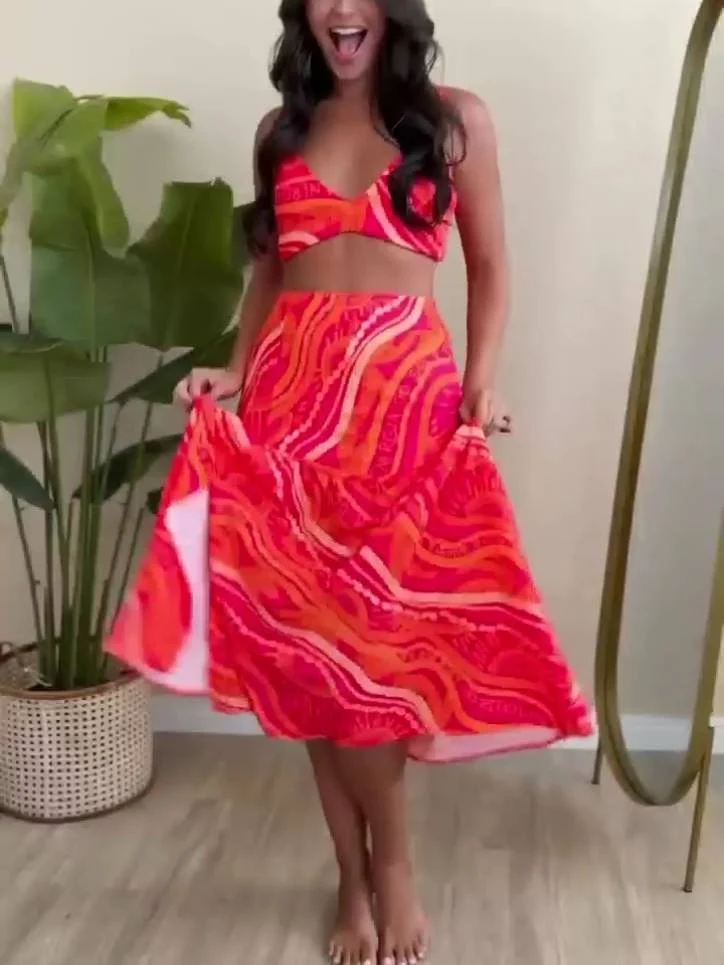 Unique Print Suspender And Skirt Two-Piece Set