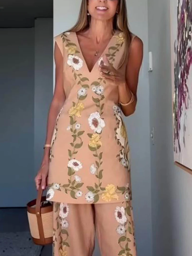 Chic Perfect Style Linen Blend Floral Midi Sleeveless Top