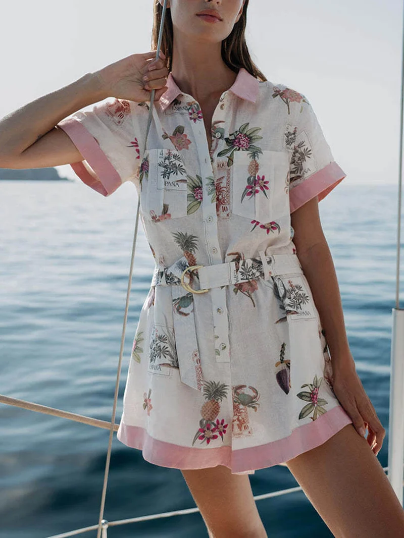 Elegant Floral Print Lace-Up Linen Cardigan Shirt Jumpsuit