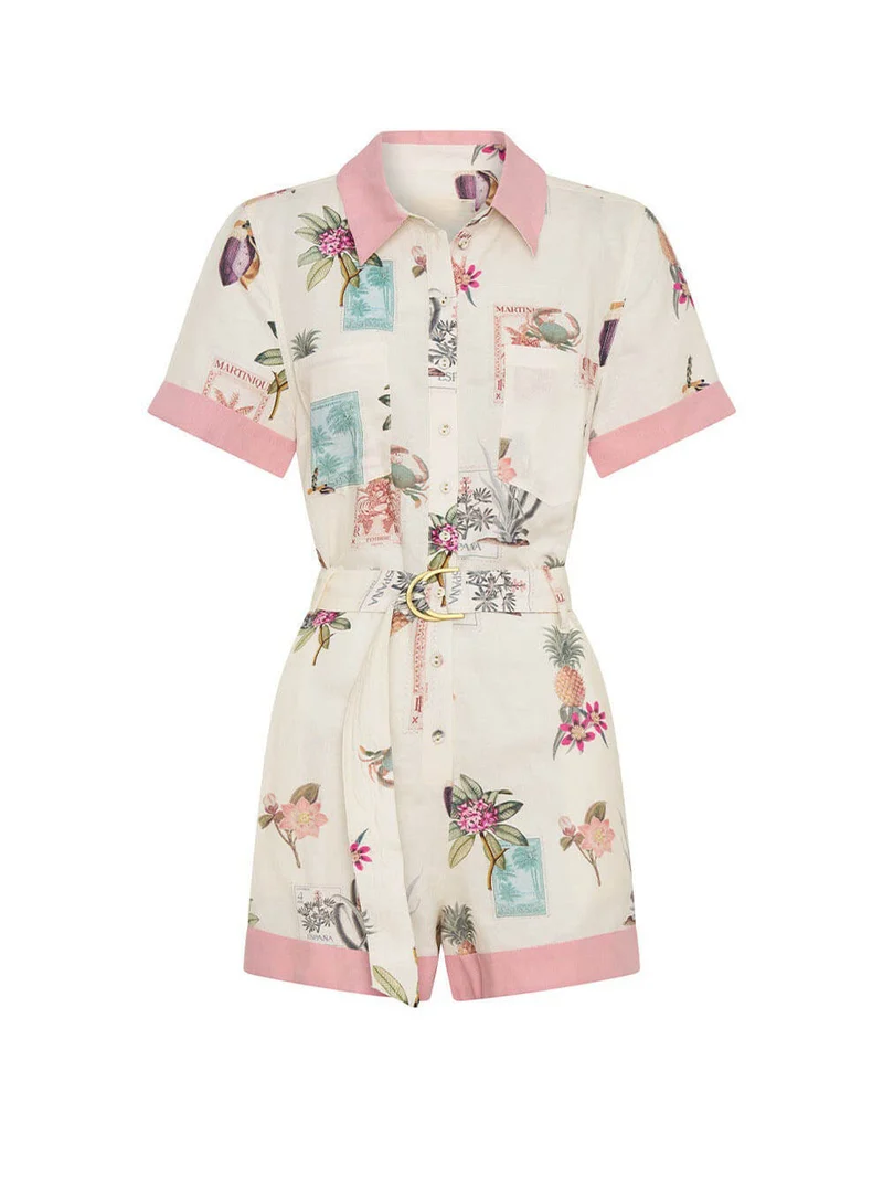 Elegant Floral Print Lace-Up Linen Cardigan Shirt Jumpsuit