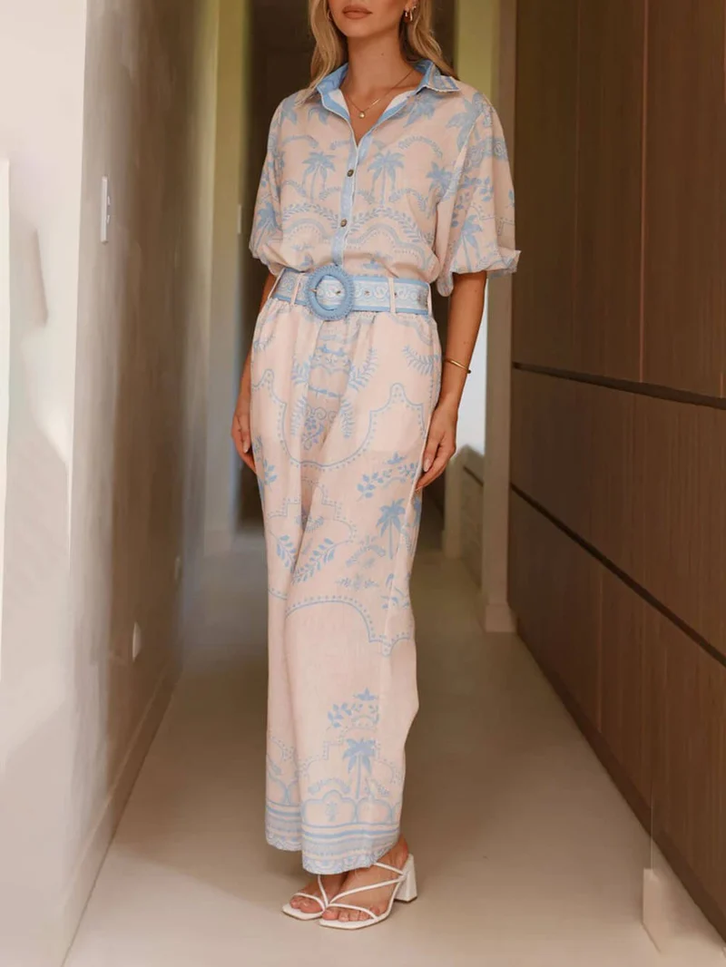 Casual Temperament Printed Linen Short-Sleeved Top With Belt And Straight Pants Set