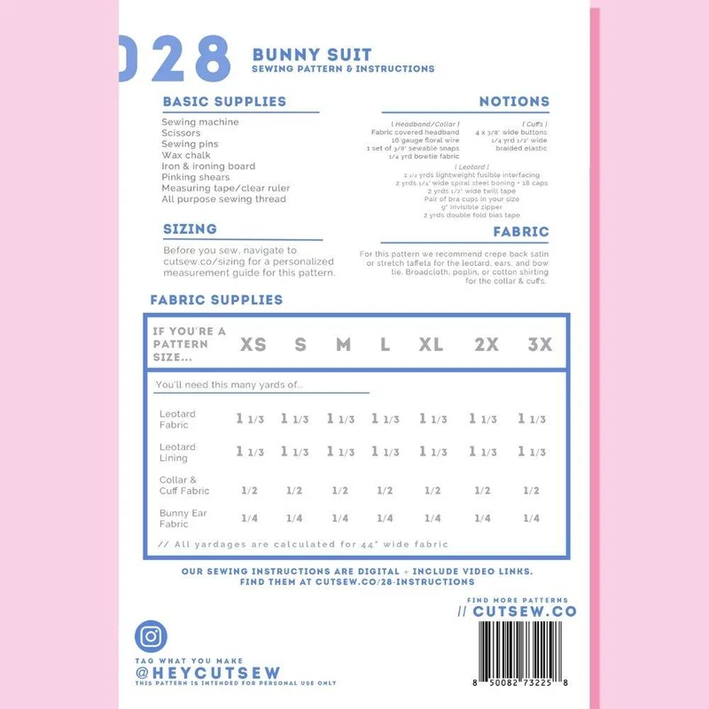 PATRON DE COUTURE PDF | 028 Costume de Lapin | CUT/SEW | ANGLAIS SEULEMENT | A4 SEULEMENT