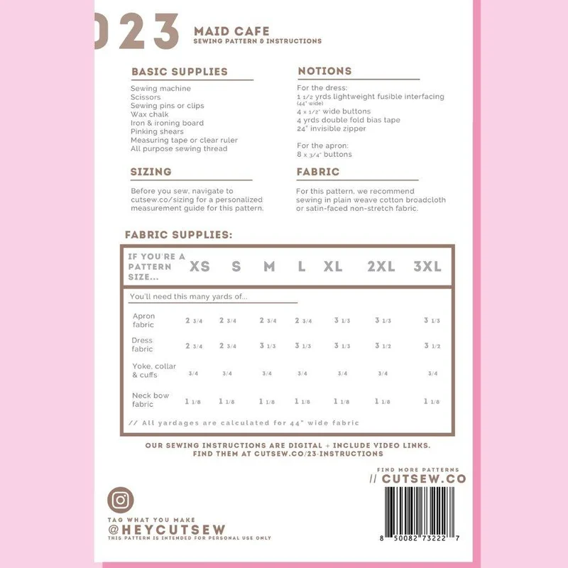 PATRON DE COUTURE PDF | 023 Robe & Tablier Maid Café | CUT/SEW | ANGLAIS SEULEMENT | A4 SEULEMENT