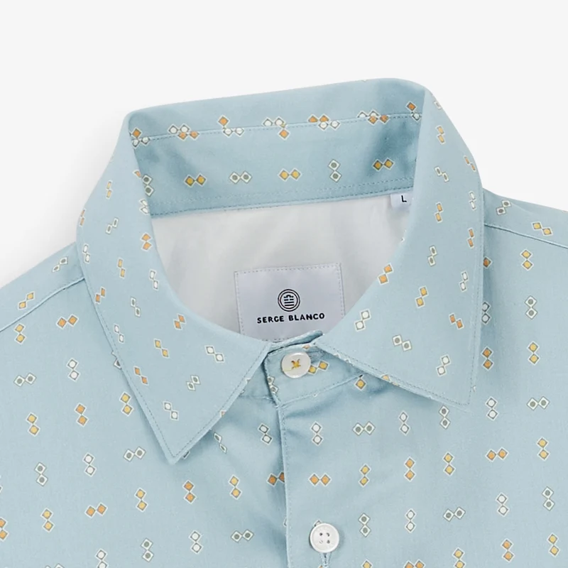 Chemise manches longues coton imprimé losanges bleu