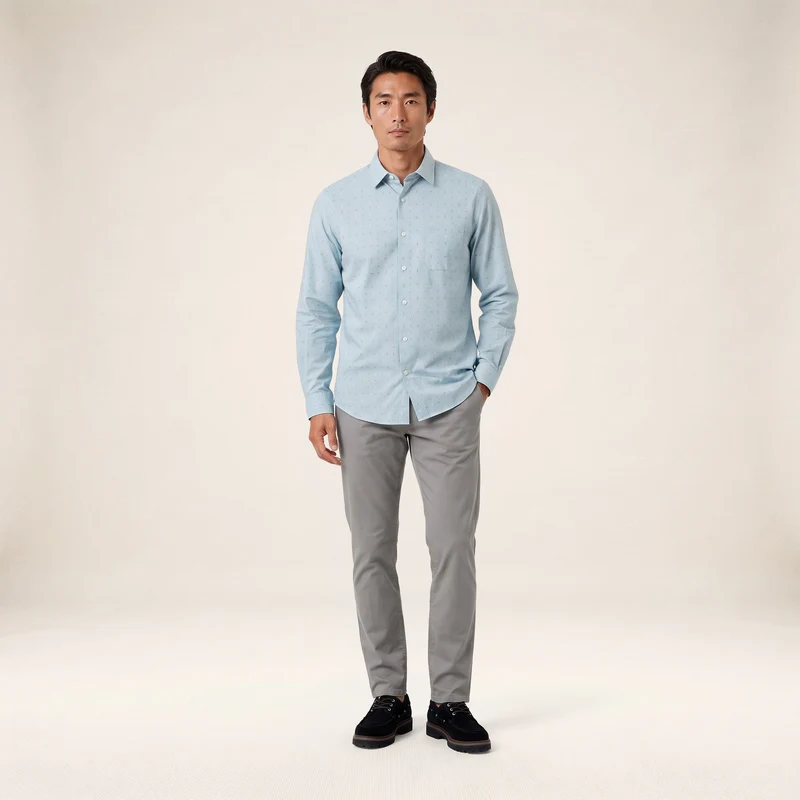 Chemise manches longues coton imprimé losanges bleu