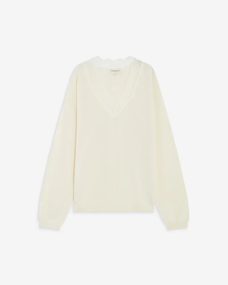 Pull en maille à col V en dentelle ecru Augustin