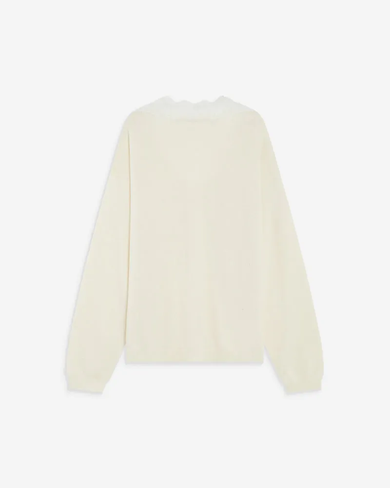 Pull en maille à col V en dentelle ecru Augustin