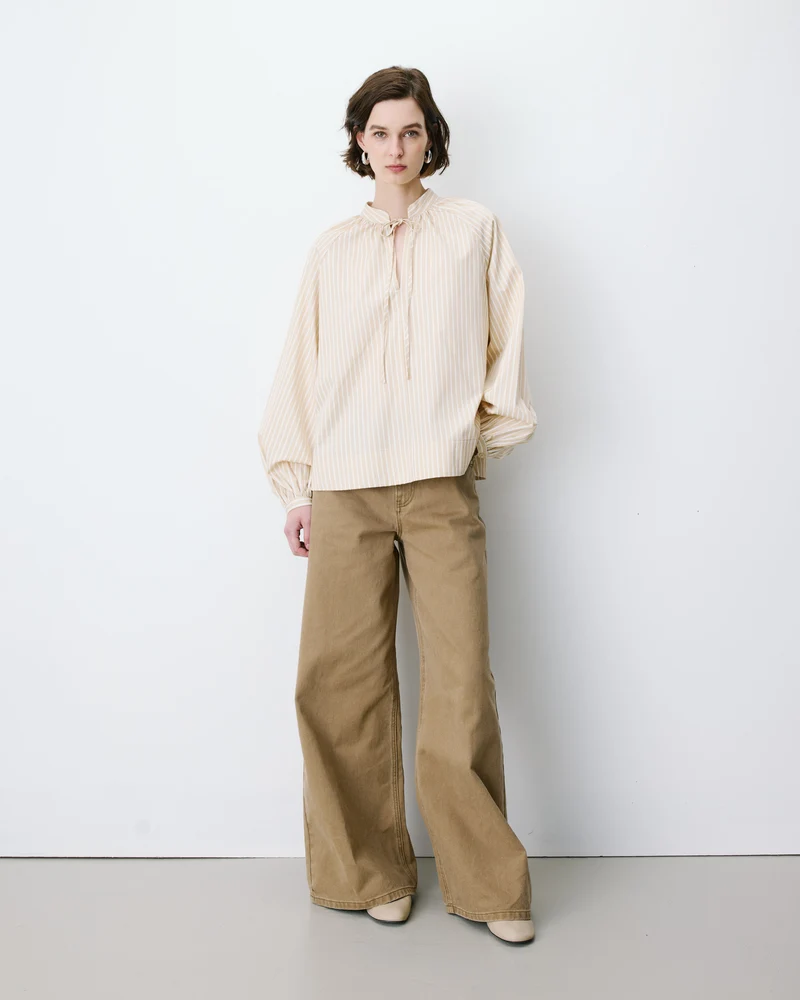 Blouse à rayures col mao à nouer beige Albane