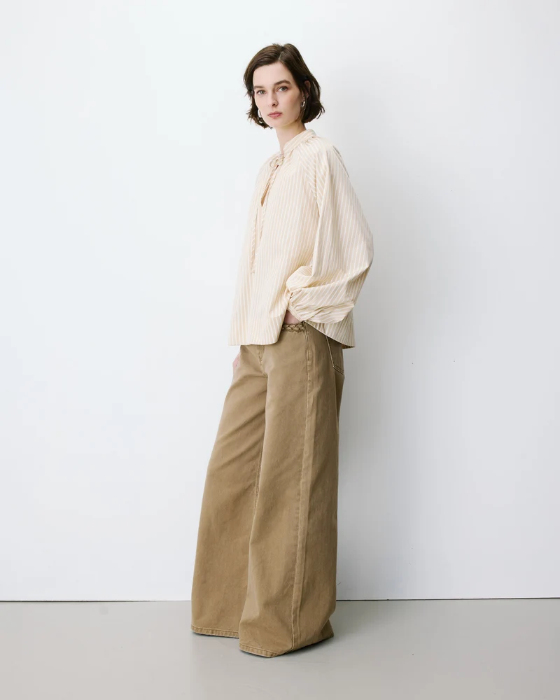 Blouse à rayures col mao à nouer beige Albane