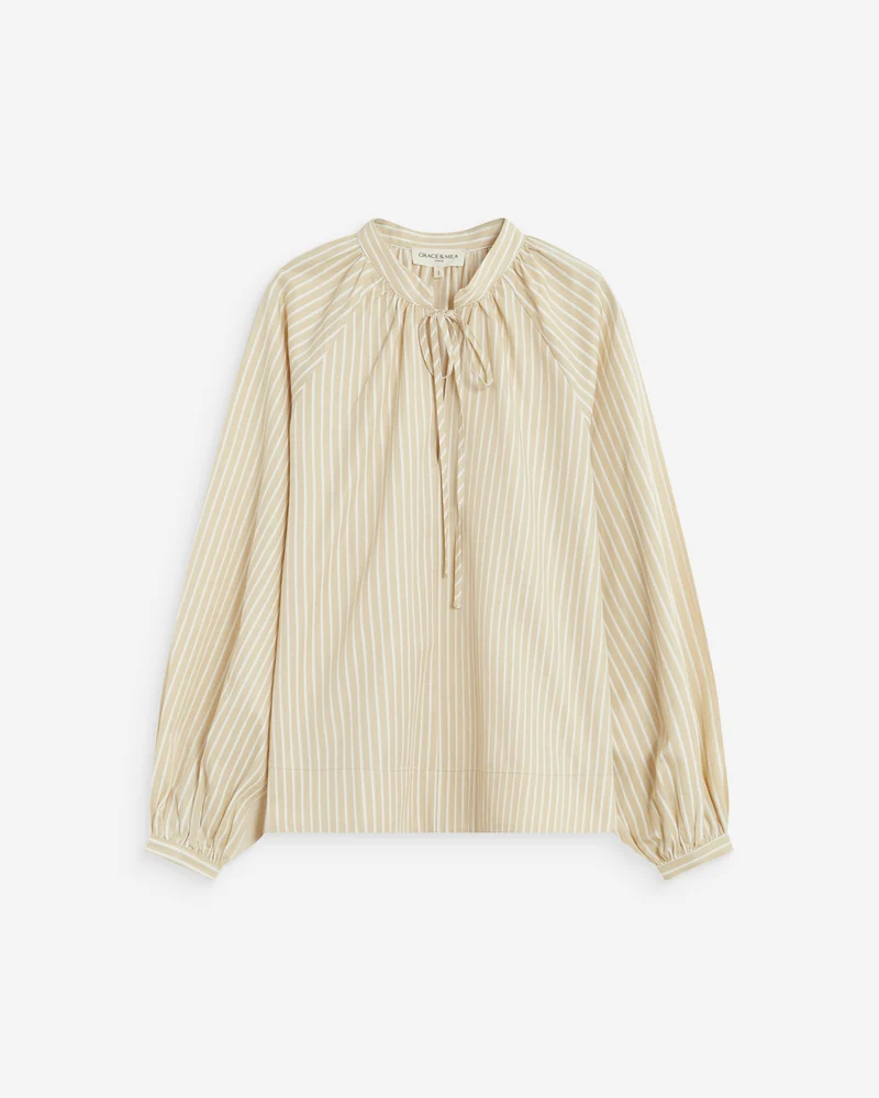 Blouse à rayures col mao à nouer beige Albane