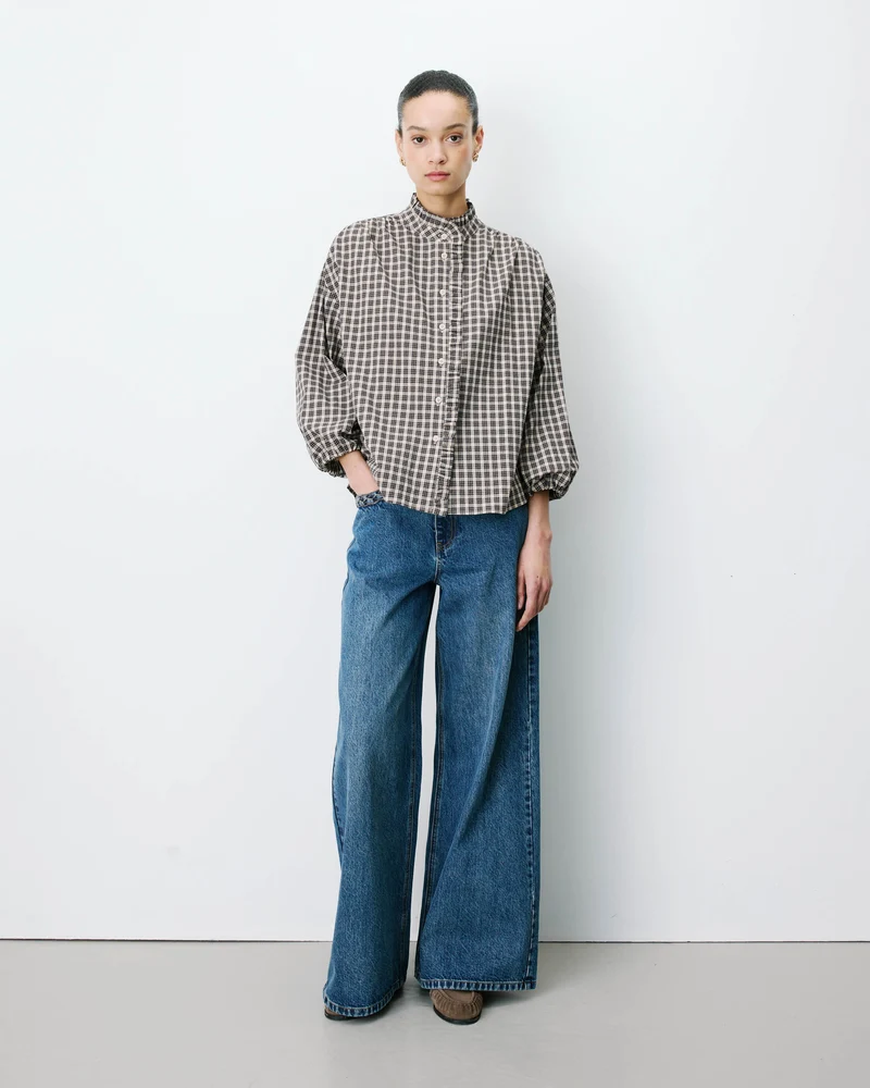 Blouse à carreaux manches bouffantes latte Adelie