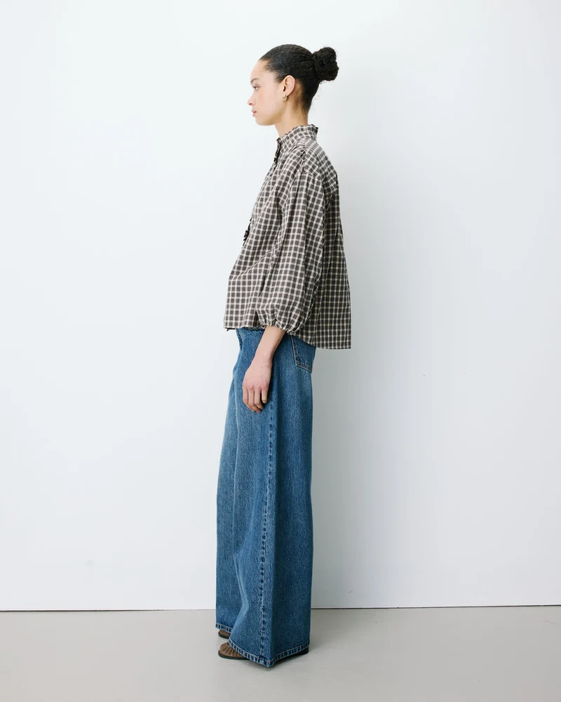 Blouse à carreaux manches bouffantes latte Adelie