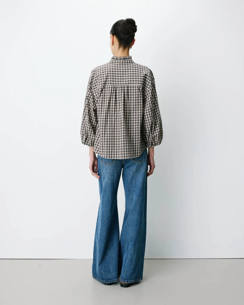 Blouse à carreaux manches bouffantes latte Adelie
