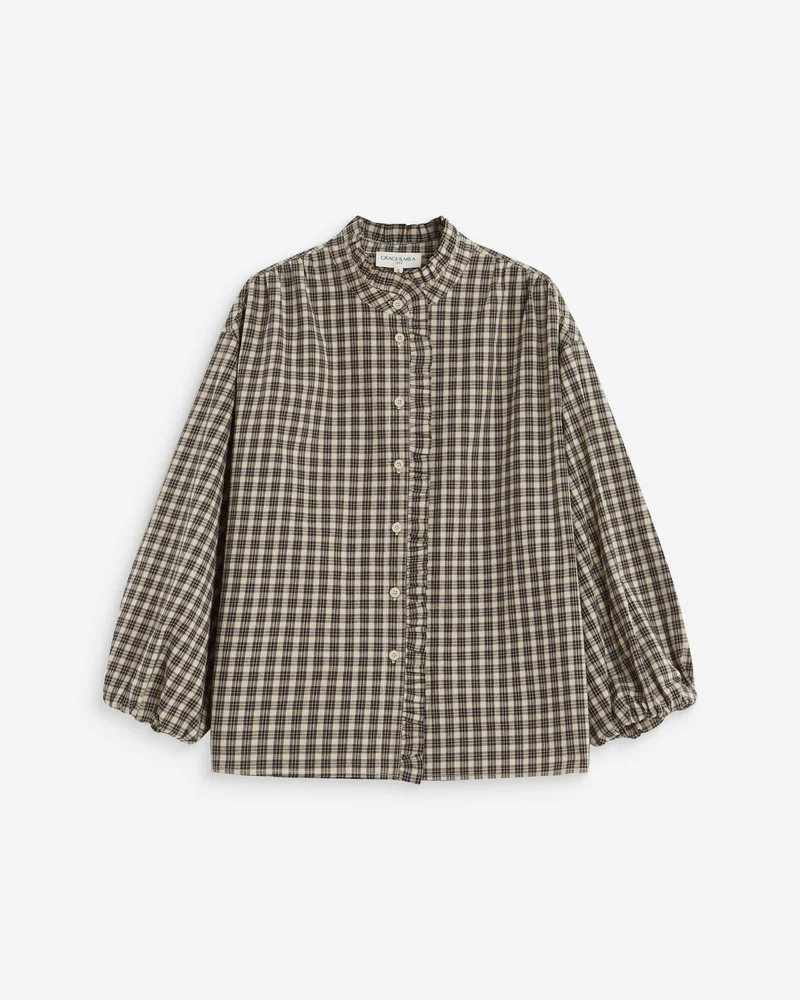 Blouse à carreaux manches bouffantes latte Adelie