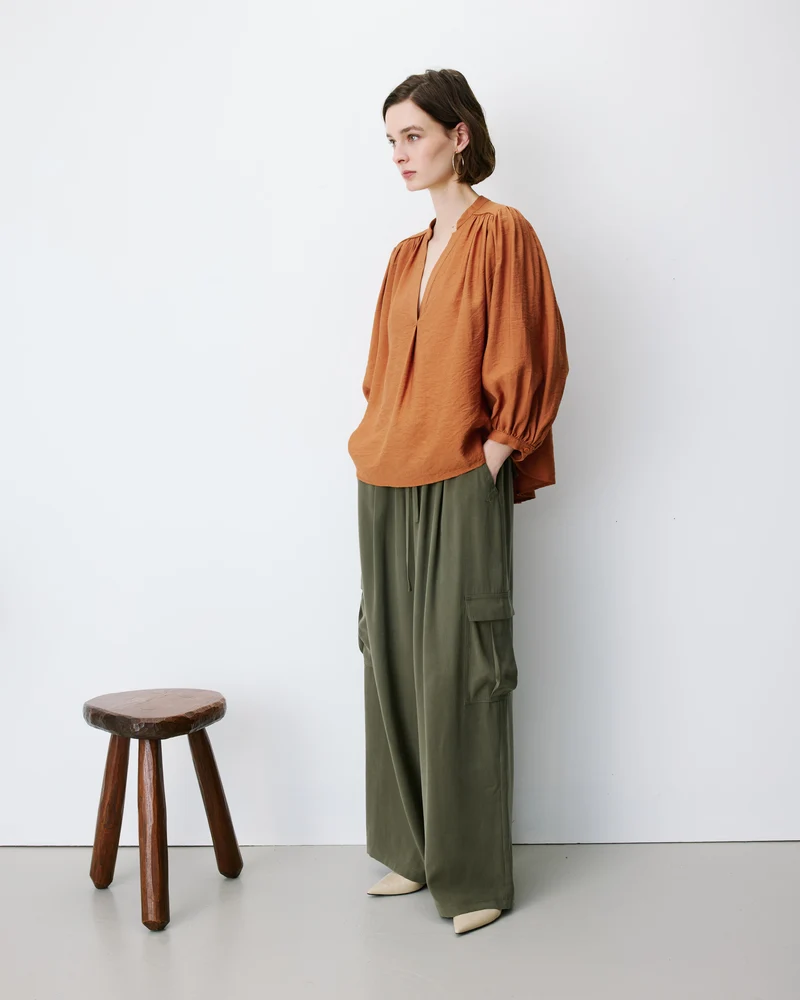 Blouse ample manches bouffantes 3/4 col V camel Auriane