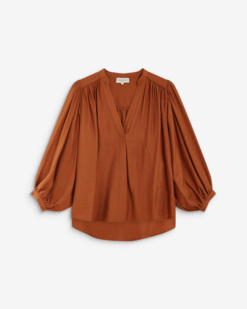 Blouse ample manches bouffantes 3/4 col V camel Auriane