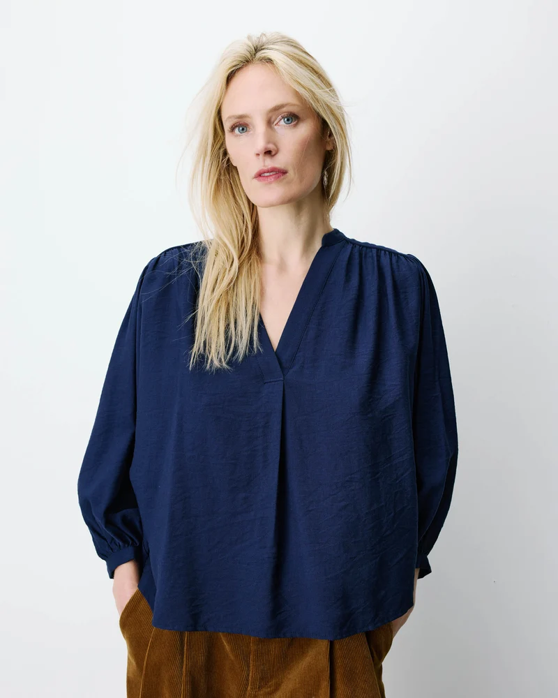 Blouse ample manches bouffantes 3/4 col V marine Auriane