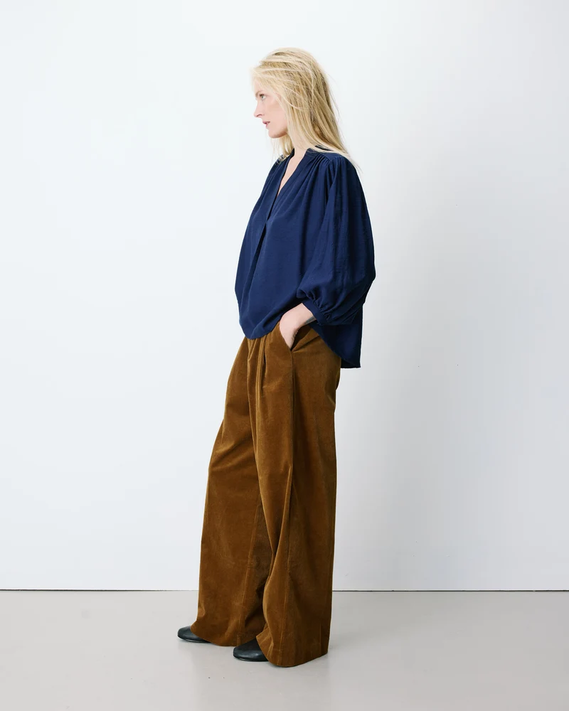 Blouse ample manches bouffantes 3/4 col V marine Auriane