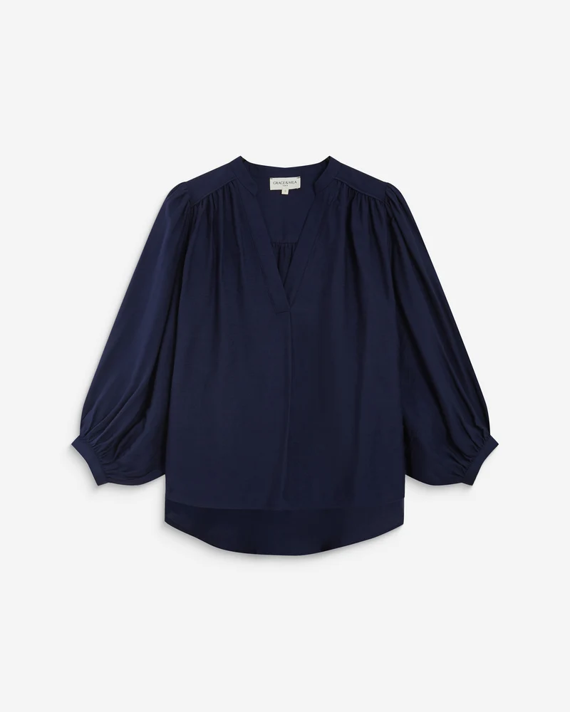Blouse ample manches bouffantes 3/4 col V marine Auriane