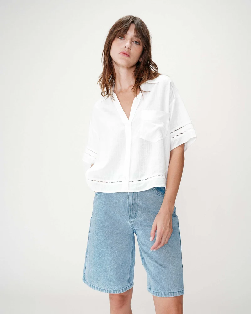 Chemise large manches courtes détails dentelle white Winka