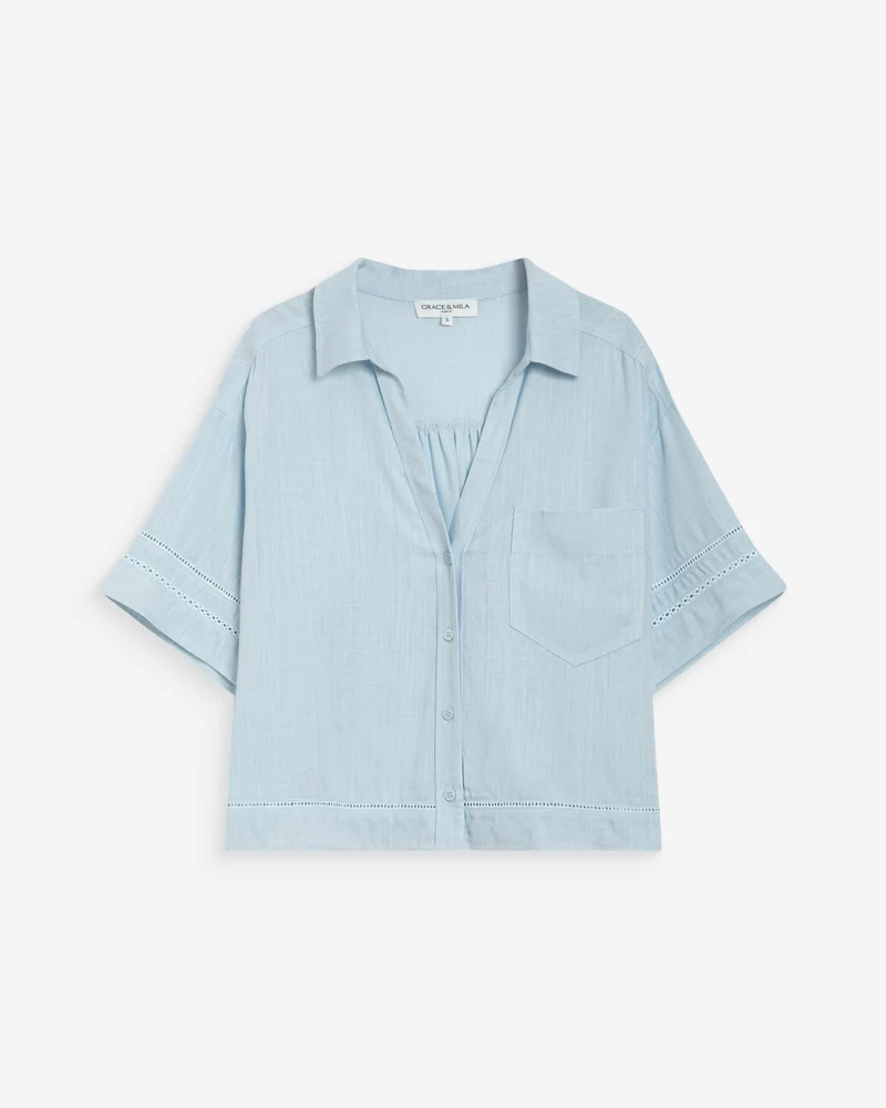 Chemise large manches courtes détails dentelle ciel Winka