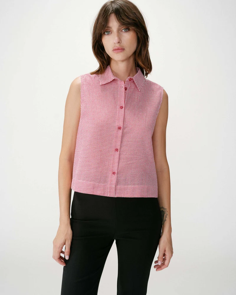 Chemise en coton vichy sans manches rouge Windell