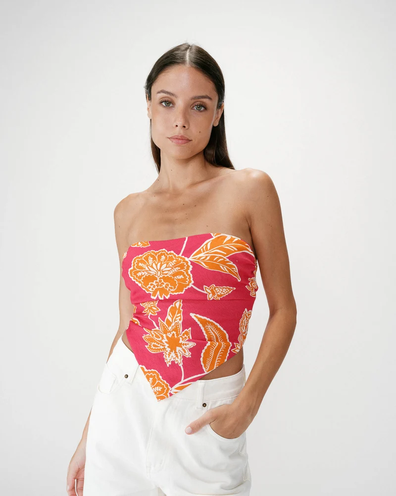 Top bandeau à fleurs dos à nouer fuchsia Willara
