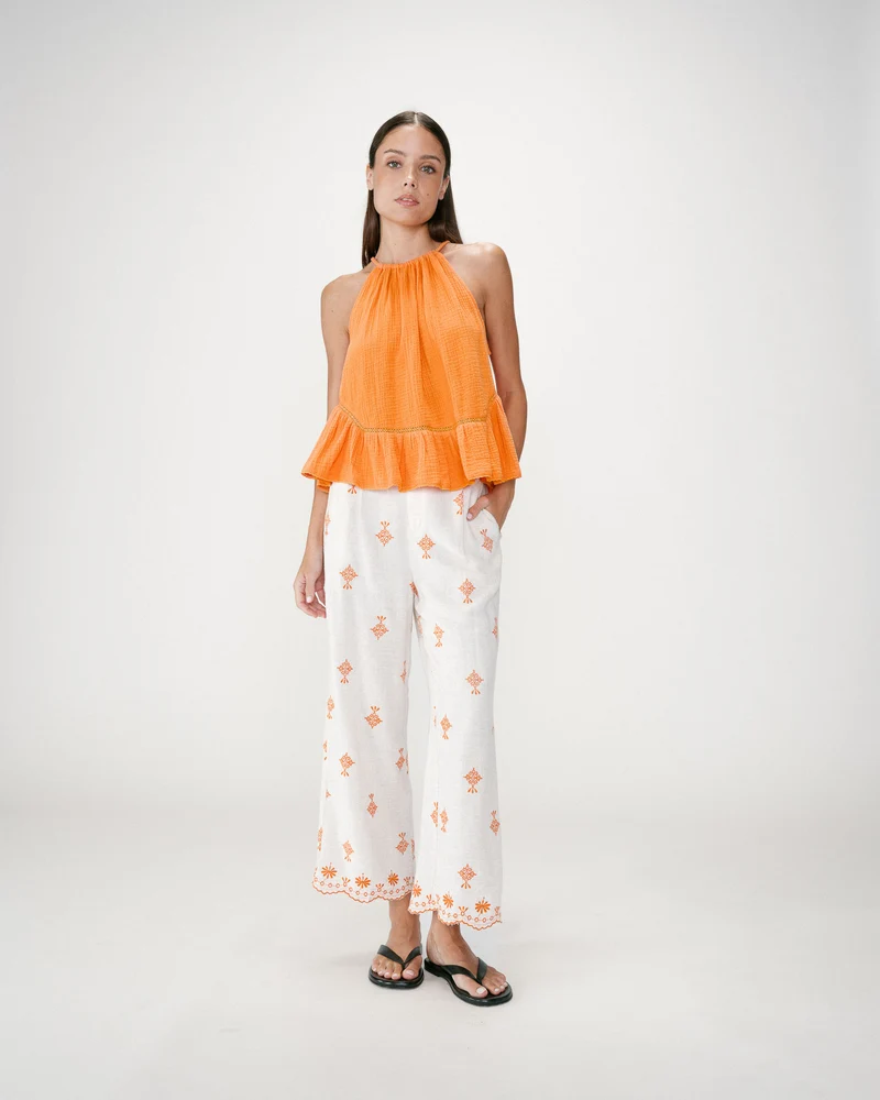 Top sans manches froncées en gaze de coton orange Widy