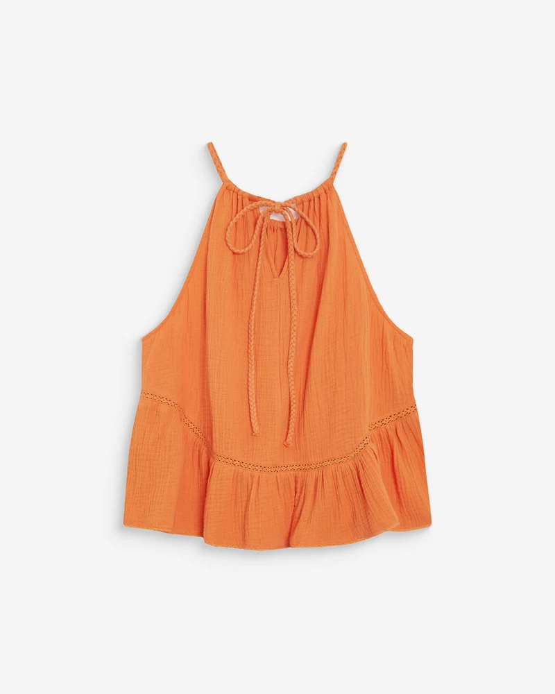 Top sans manches froncées en gaze de coton orange Widy
