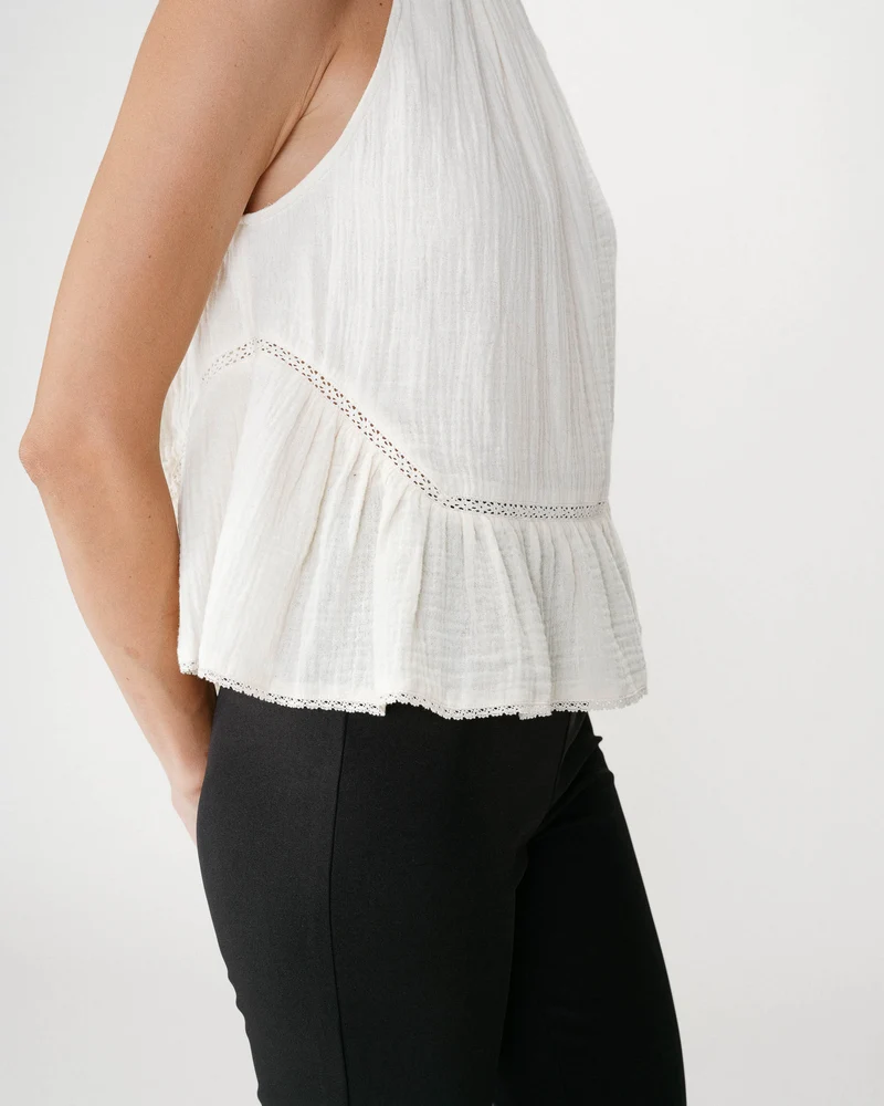 Top sans manches froncées en gaze de coton ecru Widy