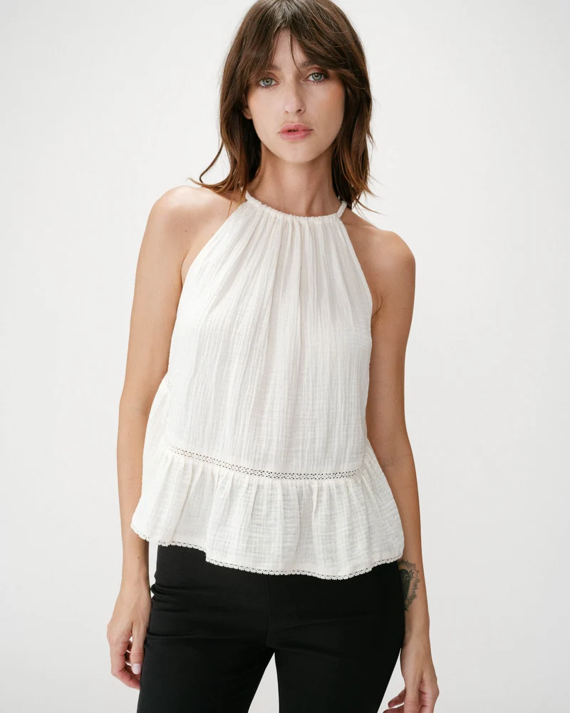 Top sans manches froncées en gaze de coton ecru Widy