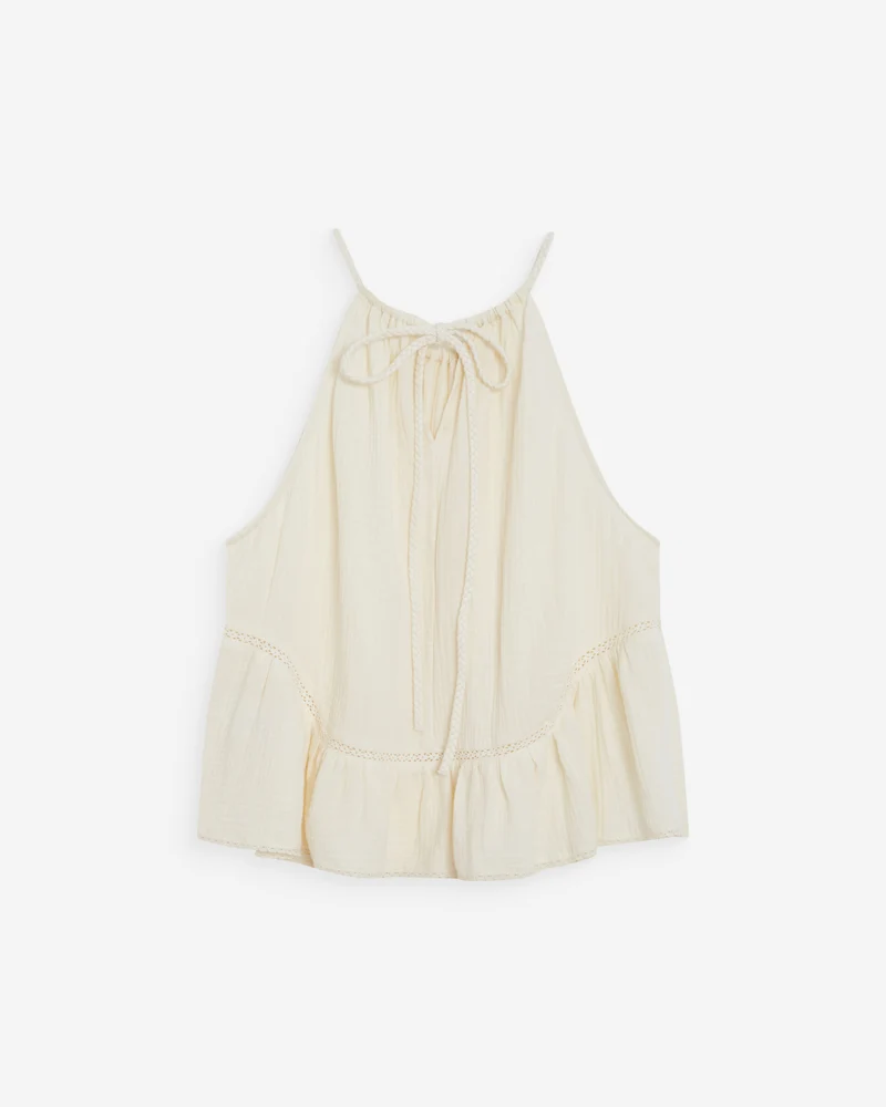 Top sans manches froncées en gaze de coton ecru Widy