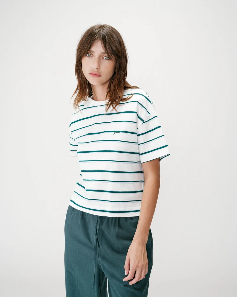T-shirt oversize en coton rayé manches courtes ivoire Welson