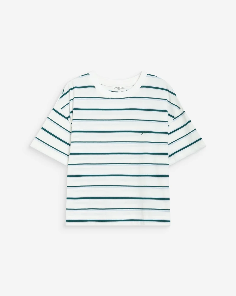 T-shirt oversize en coton rayé manches courtes ivoire Welson