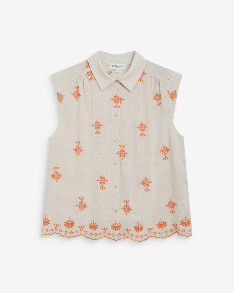 Chemise sans manches à motifs brodés orange Wisenna