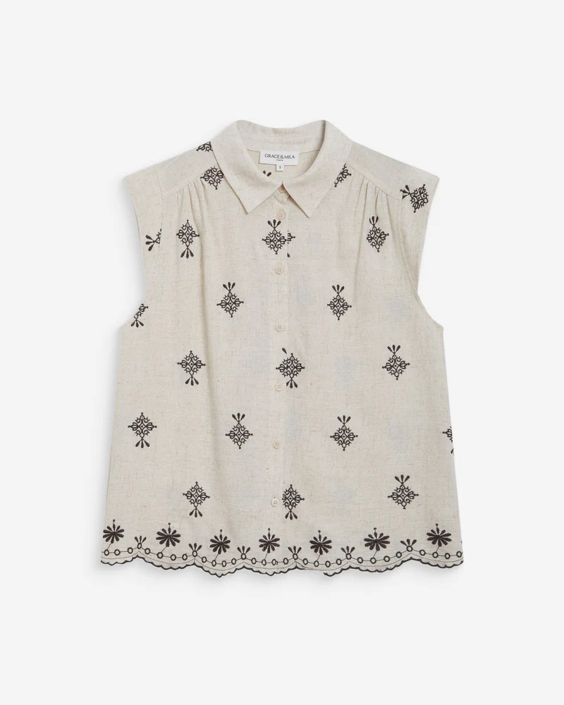 Chemise sans manches à motifs brodés chocolat Wisenna