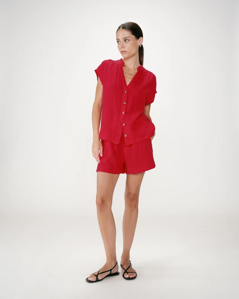 Chemise en gaze de coton manches courtes fuchsia Wesra