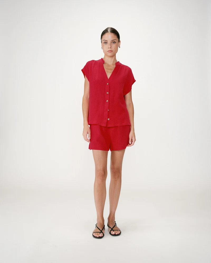 Chemise en gaze de coton manches courtes fuchsia Wesra