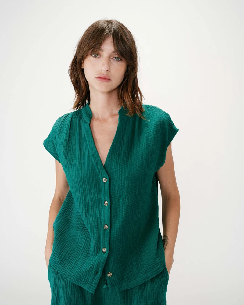 Chemise en gaze de coton manches courtes emeraude Wesra
