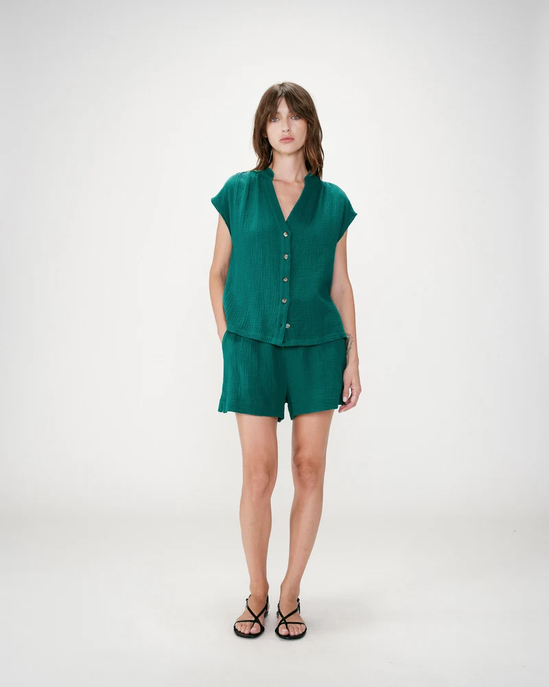 Chemise en gaze de coton manches courtes emeraude Wesra