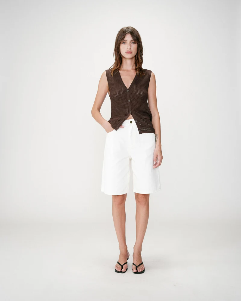 Cardigan en maille ajourée col V sans manches chocolat Wayne