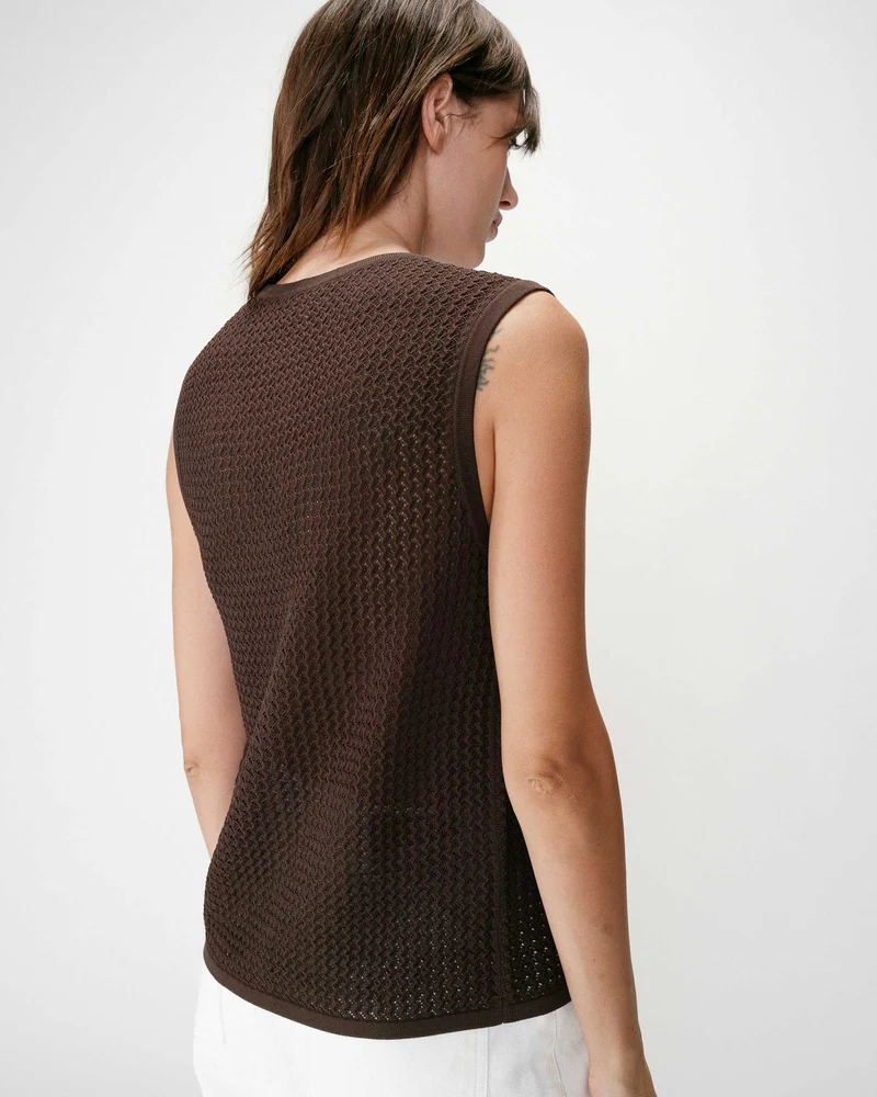 Cardigan en maille ajourée col V sans manches chocolat Wayne
