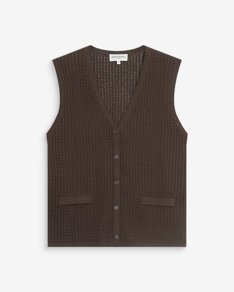 Cardigan en maille ajourée col V sans manches chocolat Wayne